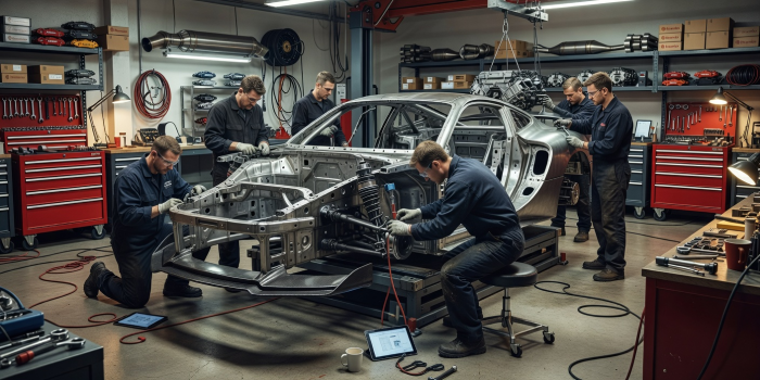 Boutique automotive workshop assembling high-spec sports coupe chassis