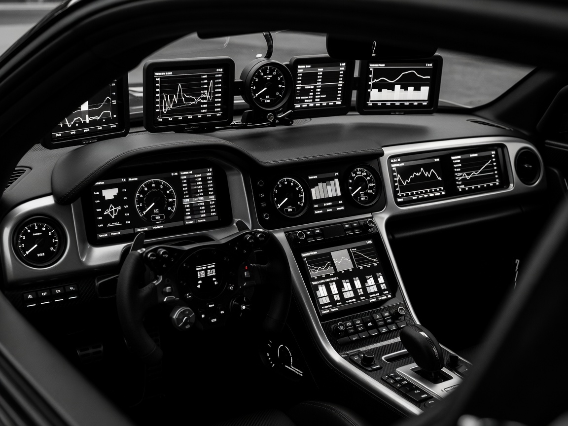Cockpit dashboard displaying live race data parameters and telemetry streams in high contrast black and white