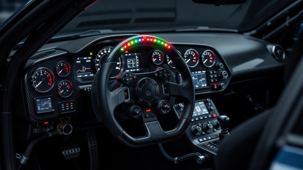 Cockpit instrument panel and race steering wheel with LED shift lights