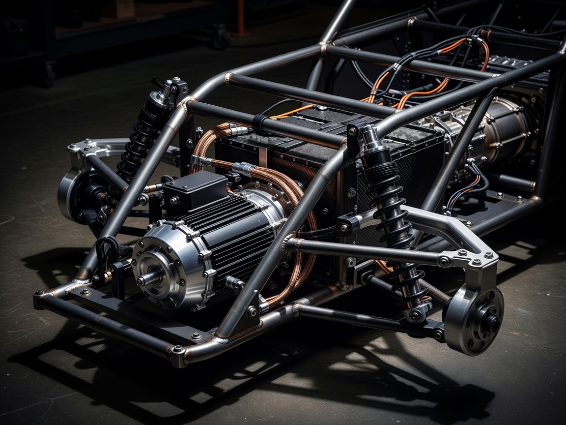Detailed high contrast photograph of the HT-900 track car electric drivetrain chassis