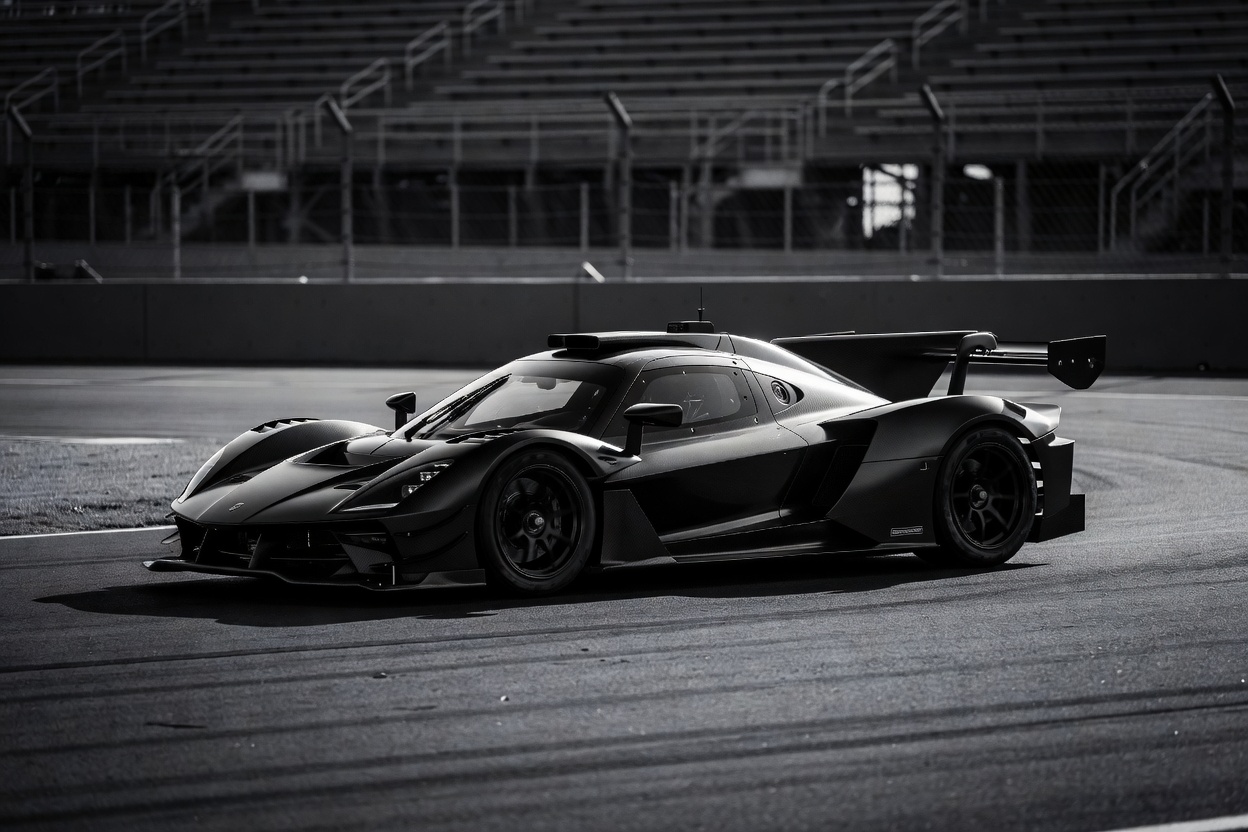 High performance black and white automotive racecar profile