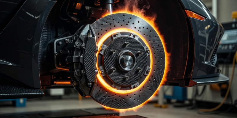 Supercar carbon ceramic brake disc glowing under stress test