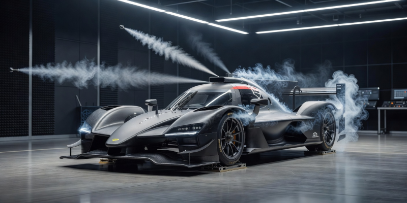 Wind tunnel aerodynamic smoke visualization over racecar prototype